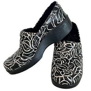 Abeo BIO Shoes Womens Size 8N Flora Printed Wedge Slip On Clogs Leather Black